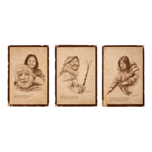 Set of Three Signed 1972 Inuit-Themed Sepia Prints on Aged Paper — Authentic Patina, Designer Wall Art