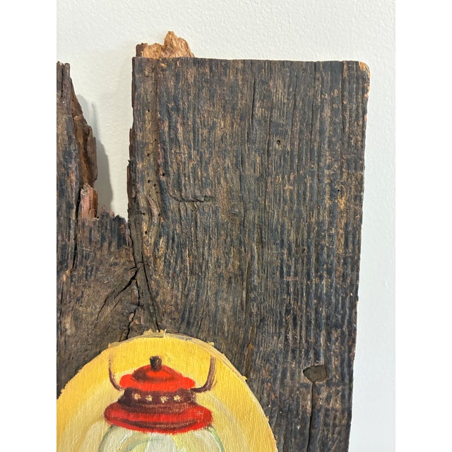 Original Folk Art Lantern Painting on Reclaimed Wood Rustic Primitive Wall Sculpture For Sale - Image 9 of 10