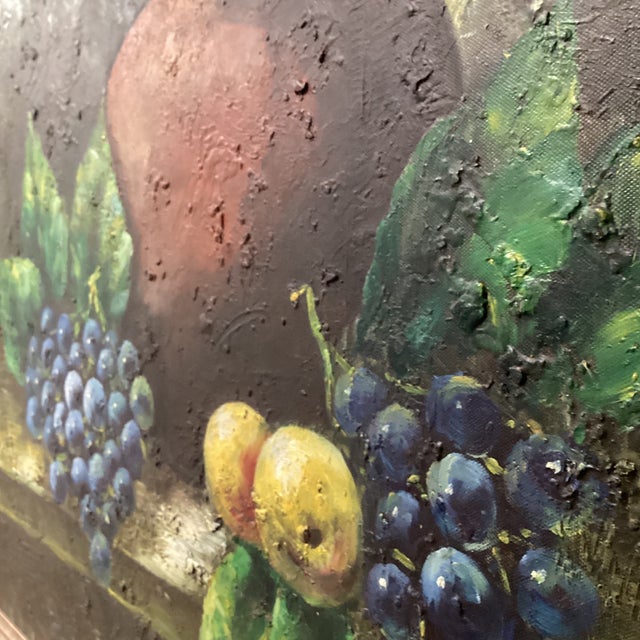 Textile Vintage Still Life Oil Painting "Fruits and Clay Pot" Signed by Artist Framed For Sale - Image 7 of 12