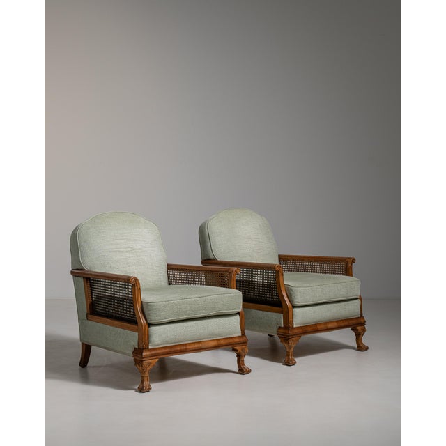 Mid 20th Century Pair of Eclectic Upholstered Armchairs with Rattan Accents For Sale - Image 12 of 13