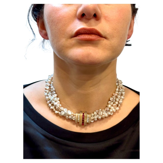 Designer Lagos Diamond & Ruby Brooch& Pearls Necklace 14k Yellow Gold, Antique For Sale - Image 15 of 18