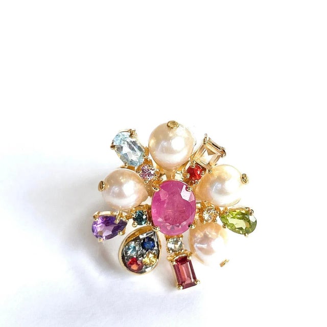 Bochic “Orient” Star Burst Cluster Multi Gem & Pearl Cocktail Ring Set 18K Gold & Silver Multi Gems: Blue Topaz,...