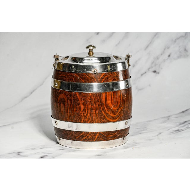 1910s Charming Antique English Silverplate Dark Oak Biscuit Jar With Porcelain Lining Shield Home Decor For Sale - Image 5 of 12