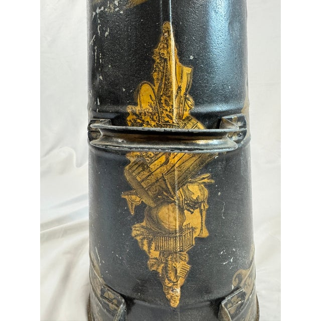 Antique English Tole Coal Helmet Scuttle, Beldray, Gilt Cherub Medallion, 24in For Sale - Image 11 of 13