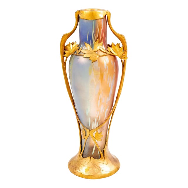 Art Nouveau Austrian Glass Vase with Tricolore Decoration and Metal Mount, 1900s For Sale