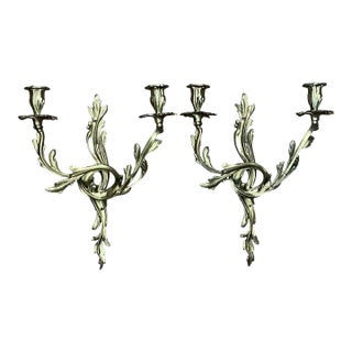 Vintage French Rococo Style Metal Wall Candle Sconces - Pair For Sale