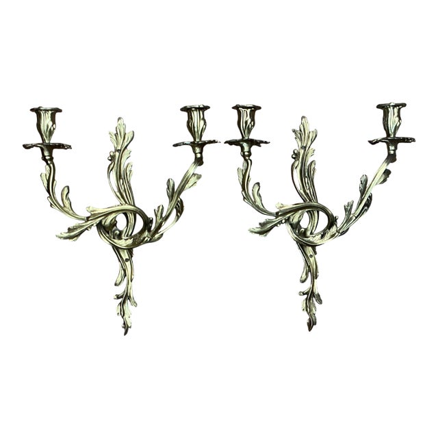 Vintage French Rococo Style Metal Wall Candle Sconces - Pair For Sale