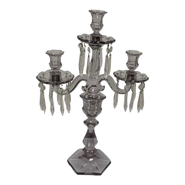Antique Heisey Glass Puritan 3-Light Candelabra #300 Complete Prisms Sun Purple Tint c.1904-1915 For Sale