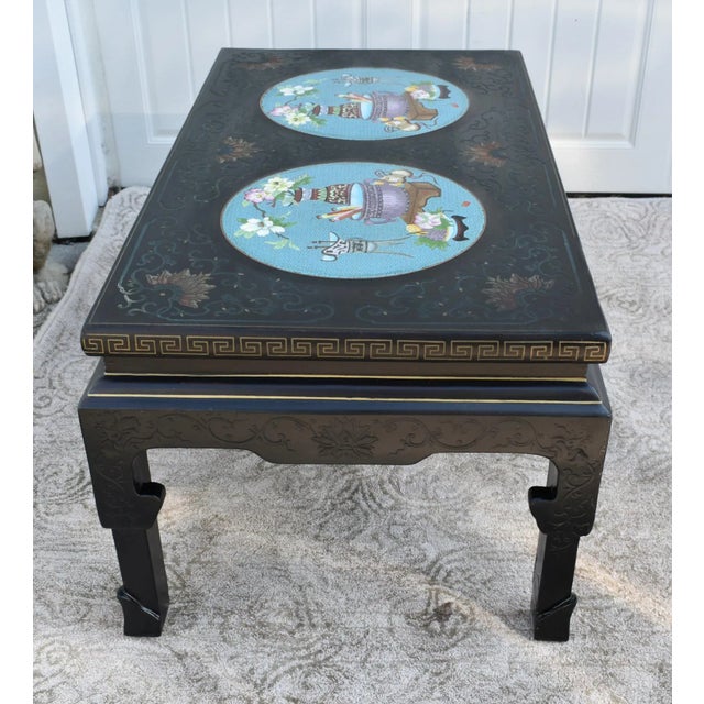 Black Wood Coffee Table Painted Black Lacquer Chinese Cloisonne Enamel Panels 36" For Sale - Image 8 of 12