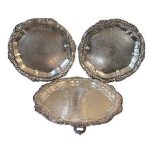 Vintage Stackable Silver-Plate Round Trays With Floral Details, Set of 3