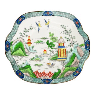 English Hand Painted Square Antique Porcelain Cake Plate Ye Olde Willow Crown Staffordshire Asian Chinoiserie Tiffany & Co Home Decor For Sale