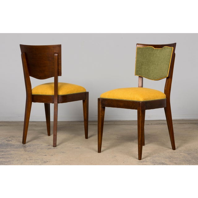 1930s Set of 6 French Art Deco Maple Dining Chairs in Yellow and Moss Green, 1930s For Sale - Image 5 of 18