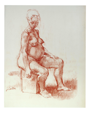 Jean Carton, Pregnant Nude, Sanguine Drawing, Mid 20th Century
