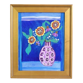 Colorful Bouquet Flowers in Vase Painting Including the Antiqued Gold Wood Frame For Sale