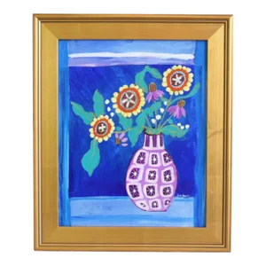 Colorful Bouquet Flowers in Vase Painting Including the Antiqued Gold Wood Frame