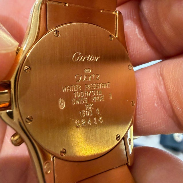 Vintage Cartier Ronde Blue Chronograph 18k Gold 30mm Watch For Sale - Image 10 of 11