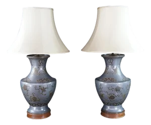 Mid 20th Century Mid Century Modern Chinese Pewter Brass Overlay Vase Urn Buffet Lamps Chinoiserie - a Pair