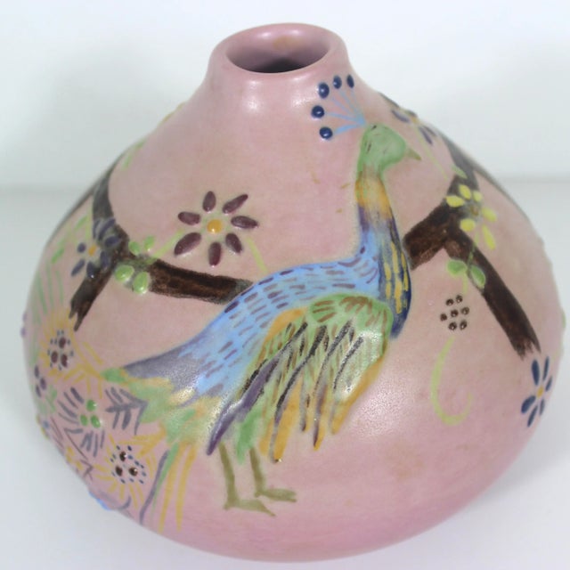 Vintage Studio Pottery Vase With Peacock and Raised Flower Details Pink Signed by Artist For Sale - Image 6 of 11