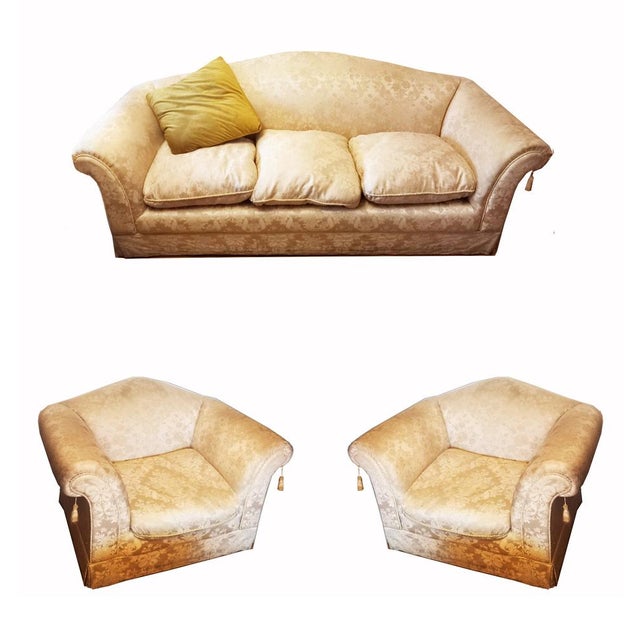 Vintage Sofa and Armchairs with Down and Damask Fabric, 1970s, Set of 3 For Sale - Image 17 of 17