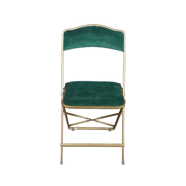 Mid-Century Modern Mid 20th Century A. Fritz + Co Mid Century Gold Frame & Green Velvet Metal Folding Chairs Modern For Sale - Image 3 of 16