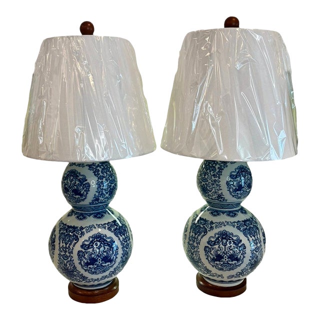 Contemporary Lauren Ralph Lauren Blue & White Double Gourd Chinoiserie Koi Porcelain Lamps – A Pair For Sale