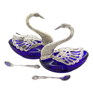 Vintage Italian Sterling Silver 800 Swan Salt Cellars with Cobalt Glass Liners and Spoons, 1970s, Set of 4 For Sale