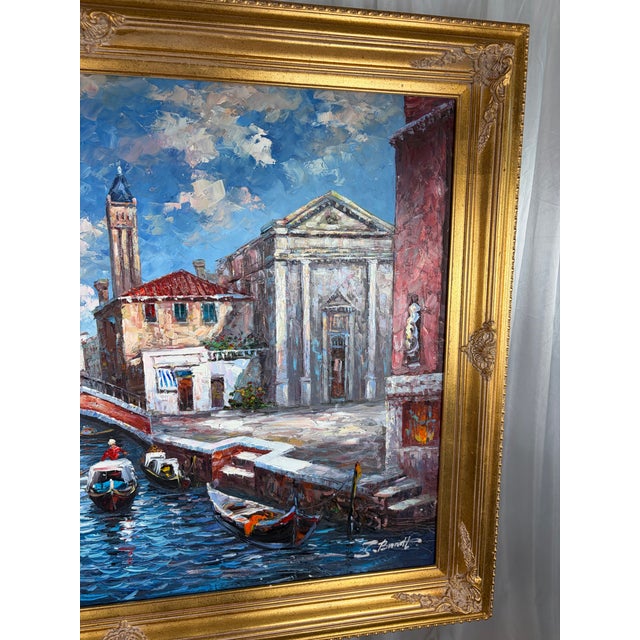 1970s Massive Venice Canal Scene – Burnette Original Oil Impasto Texture For Sale - Image 4 of 12