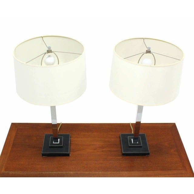 Nessen Studio Pair of Chrome Stitched Square Leather Bases Modern Table Lamps by Nessen MINT For Sale - Image 4 of 8
