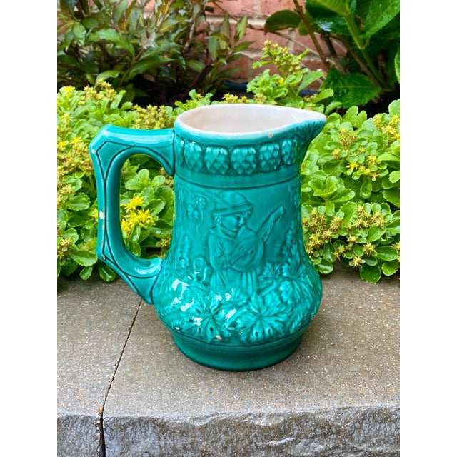 Majolica Vintage Turquoise Majolica Pitcher From Western Germany For Sale - Image 4 of 11