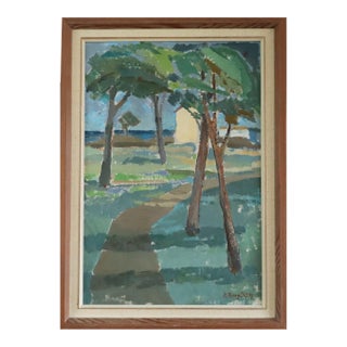 Mid-Century Modern 'Pathway to the Sea' Vintage Original Landscape Oil Painting, Framed For Sale