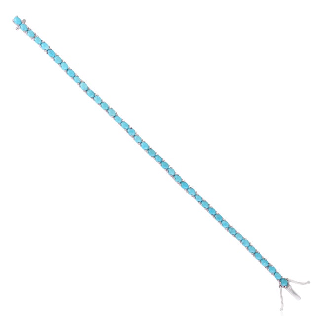 Handcrafted Vibrant Oval Cut 7.28 Ct Blue Turquoise Tennis Bracelet - December Birthstone Gift For Sale - Image 9 of 12