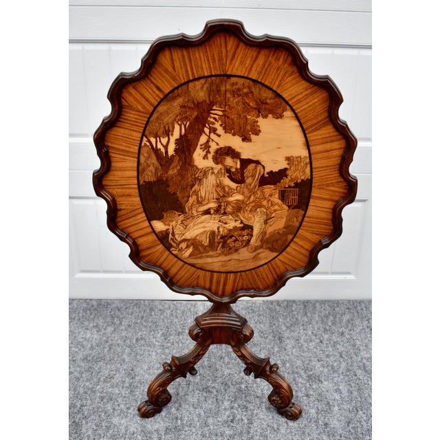 Vintage Black Forest Walnut Tilt Top Table Marquetry Wood Inlay For Sale - Image 16 of 18