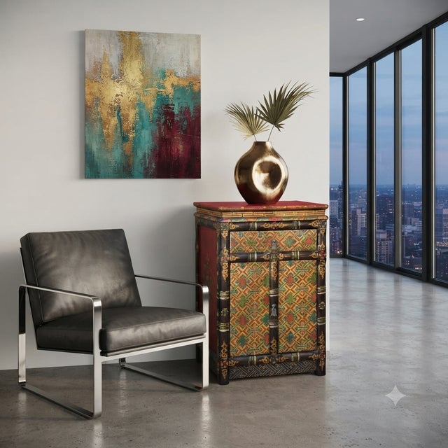 1990s Tibetan Style Geometric Graphic Brown Golden Yellow End Table Nightstand For Sale - Image 5 of 10