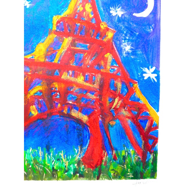 Contemporary Eiffel Tower at Night -Original Painting on Paper For Sale - Image 3 of 6