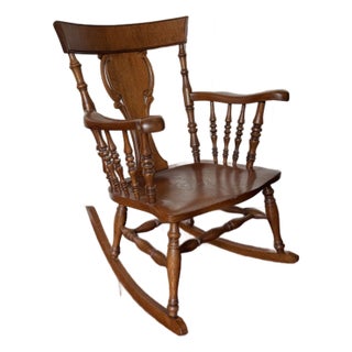 Antique 1910s Victorian Tiger Oak Solid Wood Rocking Chair For Sale