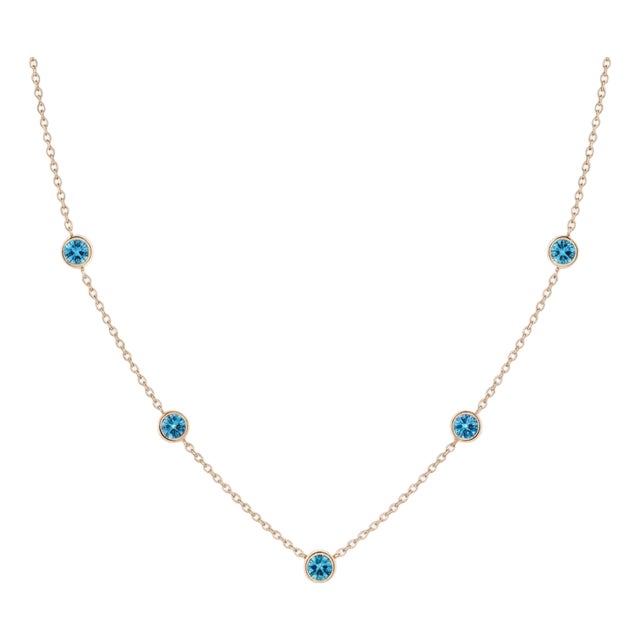 Blue Topaz Station Necklace | Round Bezel Gemstone Necklace | Minimalist Floating Stacking Necklace For Sale
