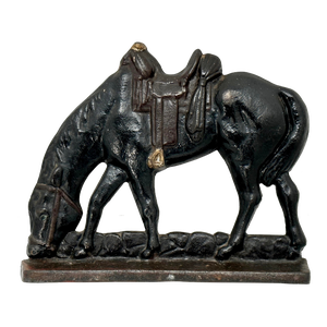 Unusual Antique American Cast Iron Grazing Horse With Western Saddle Doorstop - Circa 1920s