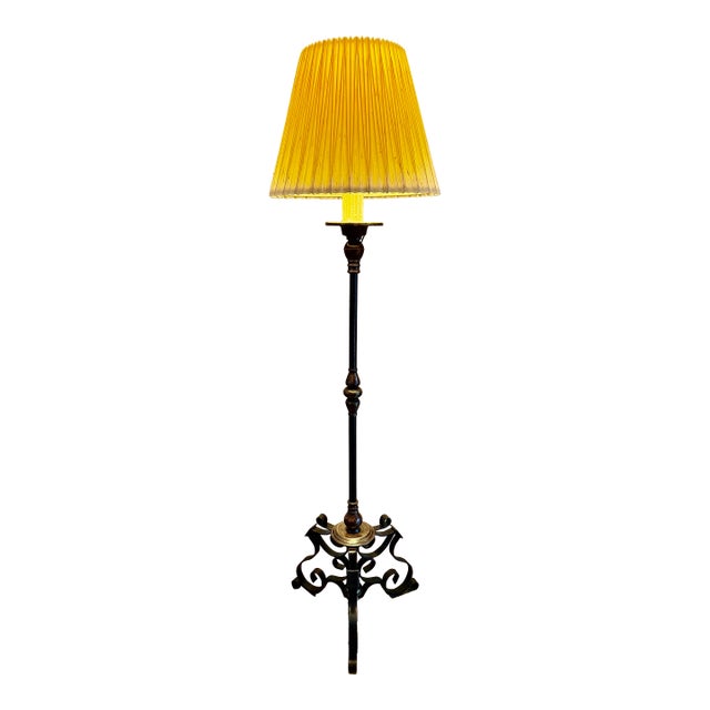 1940’s Heavy Vintage Spanish Revival Tripod Floor Lamp With Ornate, Hand-Forged Wrought Iron & Bronze Scrollwork For Sale
