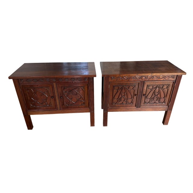 Gothic Revival Hand-Carved Walnut Cabinets/Side Tables - Pair For Sale In San Diego - Image 6 of 12