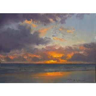 Orange on Blue by Devin Michael Roberts | Oil on Panel Sunset over the ocean with clouds. For Sale