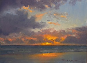 Orange on Blue by Devin Michael Roberts | Oil on Panel Sunset over the ocean with clouds.