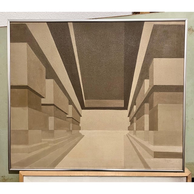 Surrealism Emerio Dario Lunar, Venezuelan Surrealism Architectural Oil Painting Emerio Lunar Latin American Art, 1979 For Sale - Image 3 of 7