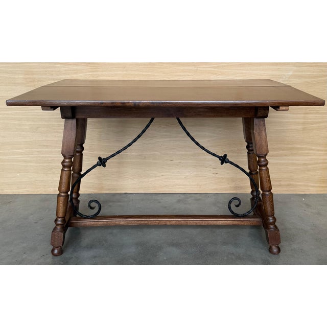 20th Century Spanish Console Fold Out Farm Table with Wood Stretcher For Sale In Miami - Image 6 of 18