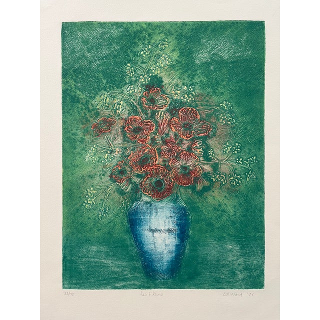 Aqua Mid Century Floral Still Life "Les Fleurs" 1976 Ed Ward For Sale - Image 8 of 8