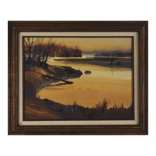 "Misty Lagoon", Monochrome 1970's Lanscape Watercolor by Ritchie A. Benson For Sale