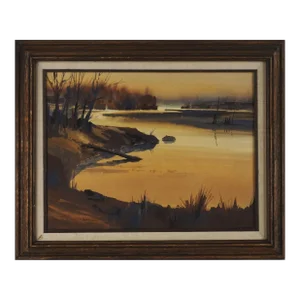 "Misty Lagoon", Monochrome 1970's Lanscape Watercolor by Ritchie A. Benson