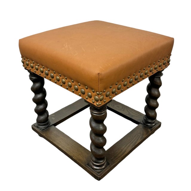 1920s Early 20th Century Barley Twist Leather Upholstered Stool For Sale - Image 5 of 11