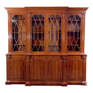 1990s Custom Mill House English Burl Walnut Architectural Breakfront For Sale