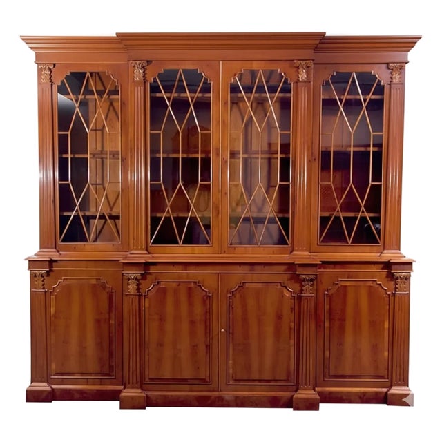 1990s Custom Mill House English Burl Walnut Architectural Breakfront For Sale