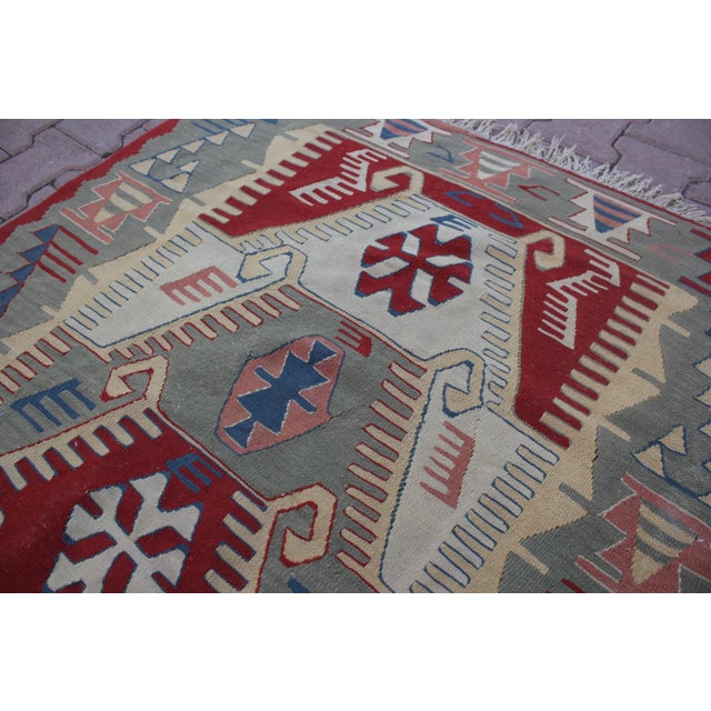 Textile 1990s Scandinavian Red Geometric Kelim Rug For Sale - Image 7 of 13